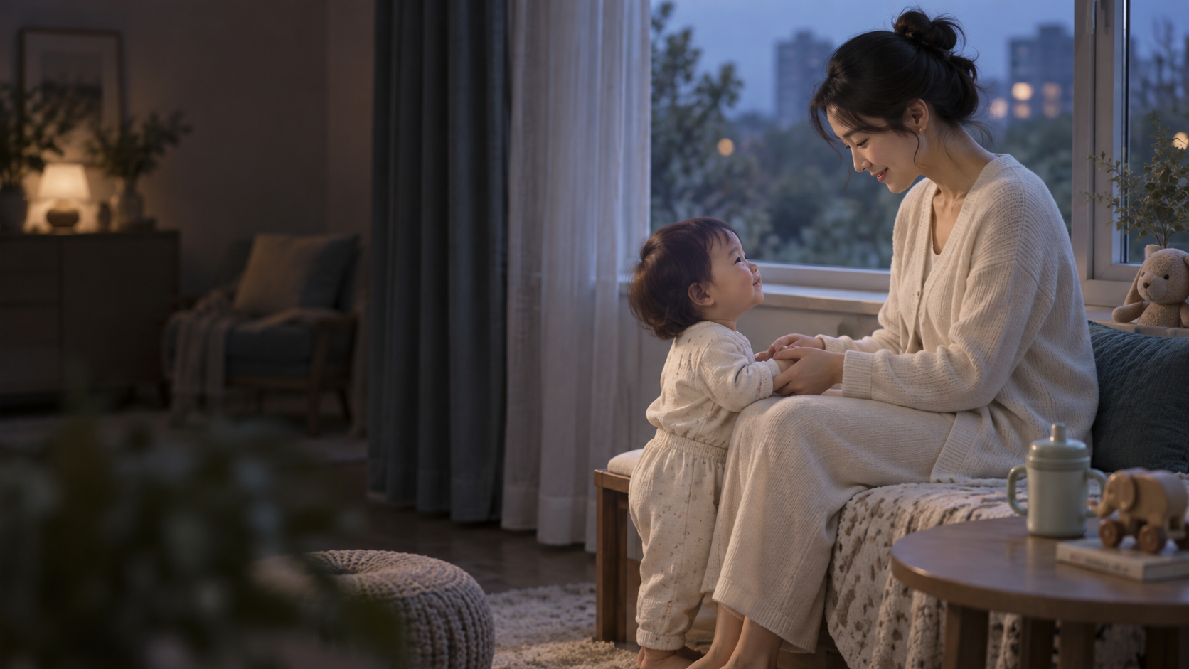 断奶过渡期的妈妈在家陪伴幼儿，温柔地握着孩子的手